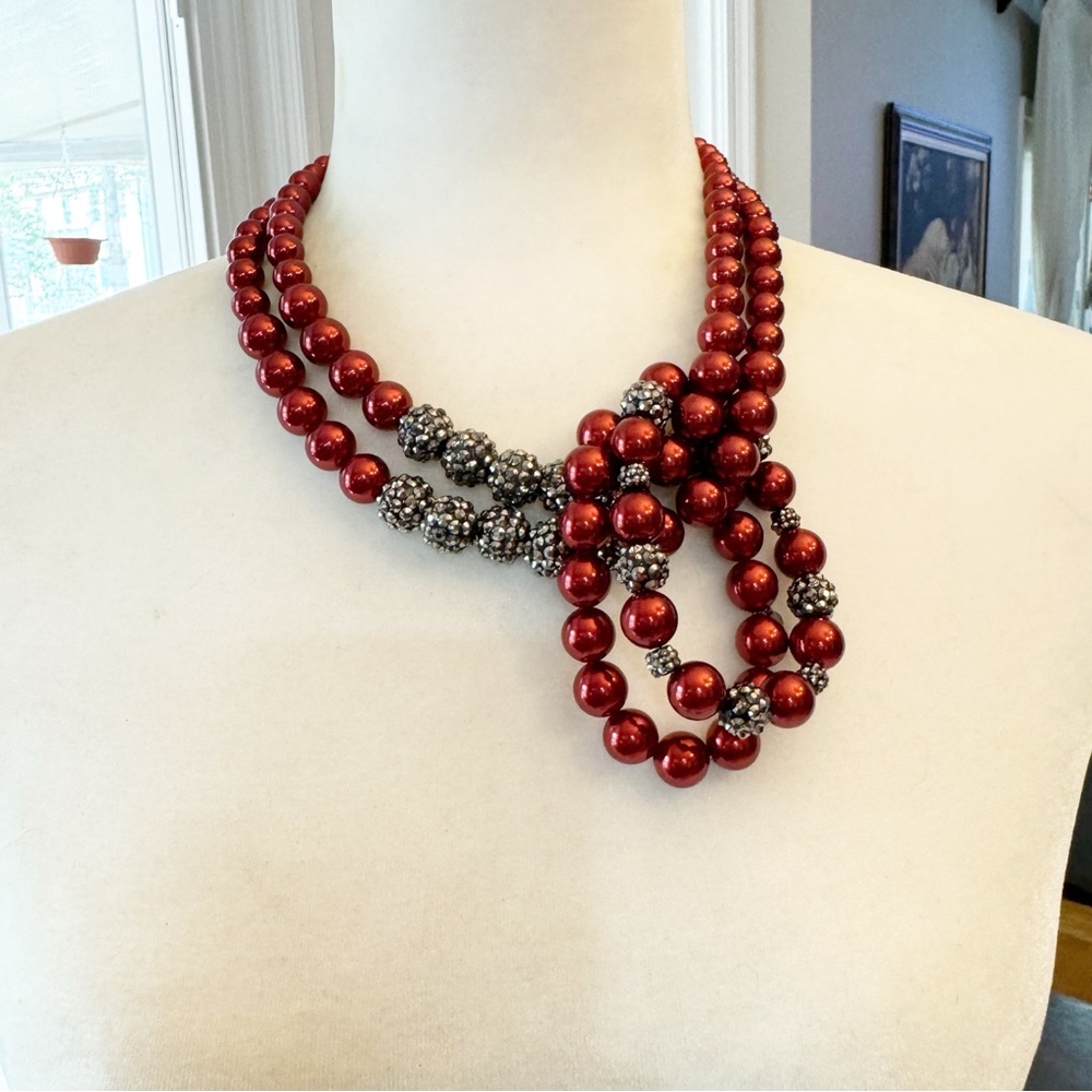 RMN Deep Red & Gunmetal Gray Beads Stretch Bracelets & Necklace Set